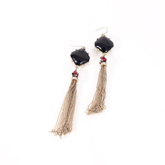 *Black Gemstone & Gold Dangling Tassel Earrings - Picture 2 of 2
